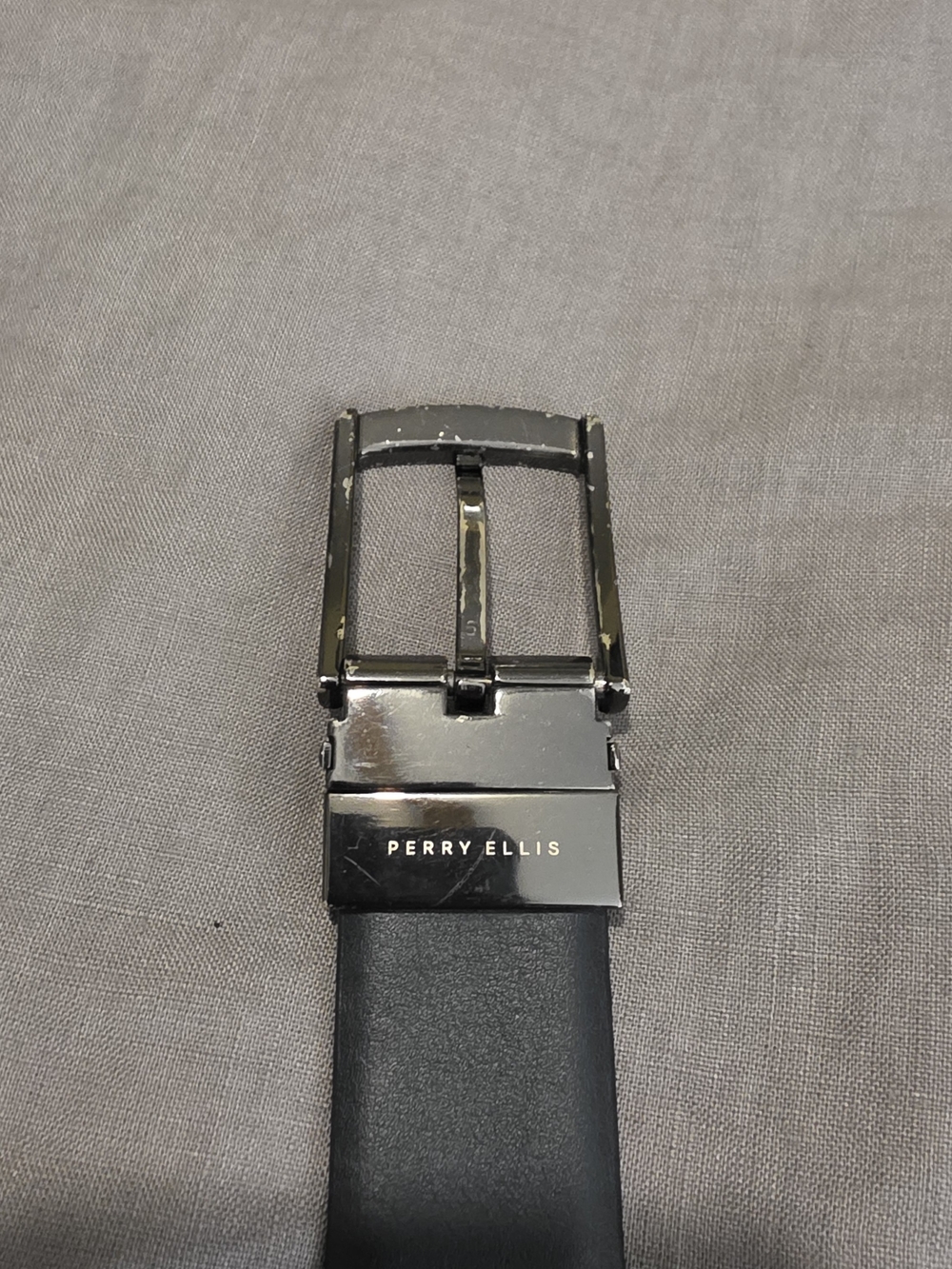 Perry Ellis Black Leather Dress Belt with Polished Silver Buckle